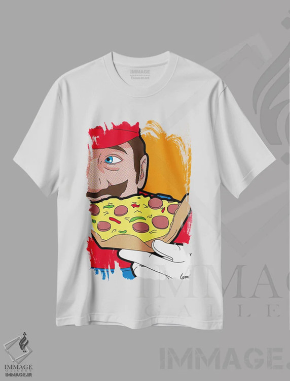 تیشرت سفید طرح دار پیتزای ماریو، هنر فاخر معاصر اثر گرگوار "لئون" گیمن | immage.ir