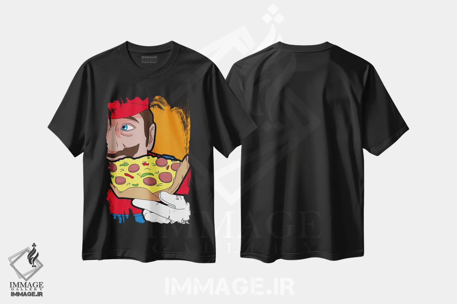 تیشرت مشکی طرح دار پیتزای ماریو، هنر فاخر معاصر اثر گرگوار "لئون" گیمن | فروشگاه ایماژ