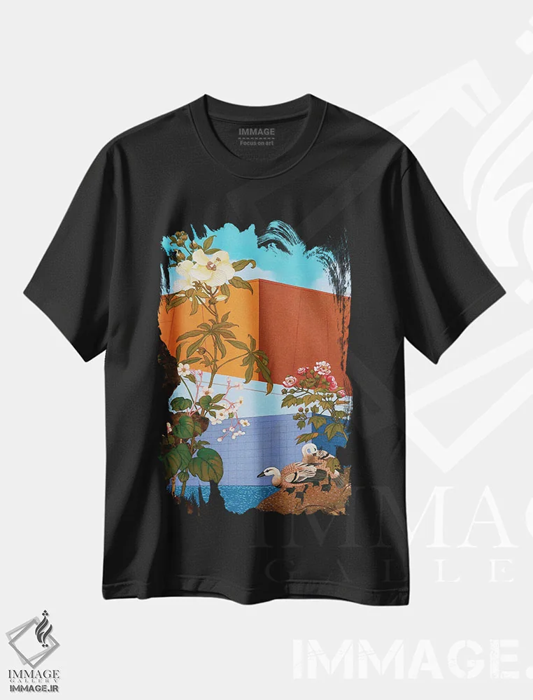 تیشرت مشکی طرح دار گل و پرنده I، هنر فاخر معاصر اثر گوئیگن ژا | فروشگاه ایماژ