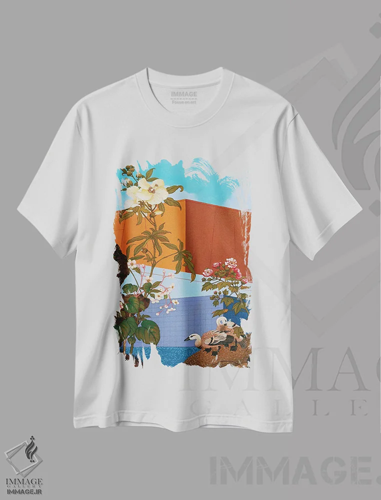 تیشرت سفید طرح دار گل و پرنده I، هنر فاخر معاصر اثر گوئیگن ژا | immage.ir