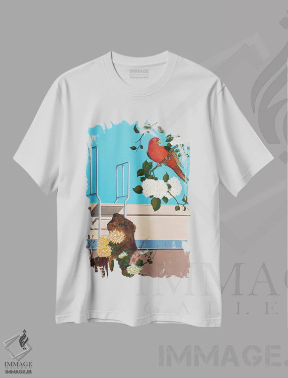 تیشرت سفید طرح دار گل و پرنده II، هنر فاخر معاصر اثر گوئیگن ژا | فروشگاه ایماژ