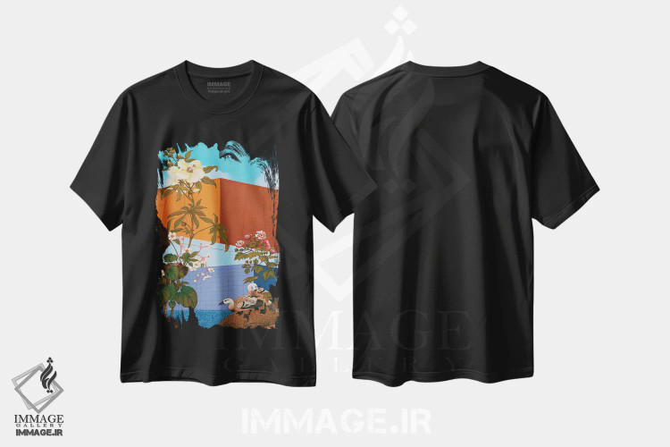 تیشرت مشکی طرح دار گل و پرنده I، هنر فاخر معاصر اثر گوئیگن ژا | فروشگاه ایماژ