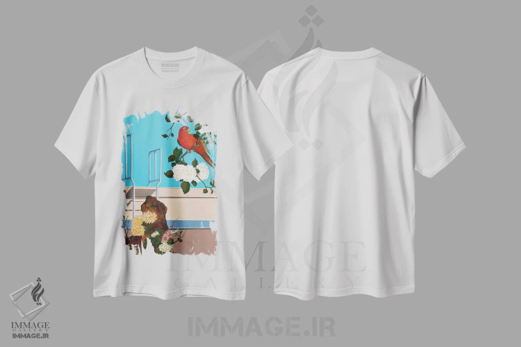 تیشرت سفید طرح دار گل و پرنده II، هنر فاخر معاصر اثر گوئیگن ژا | فروشگاه ایماژ