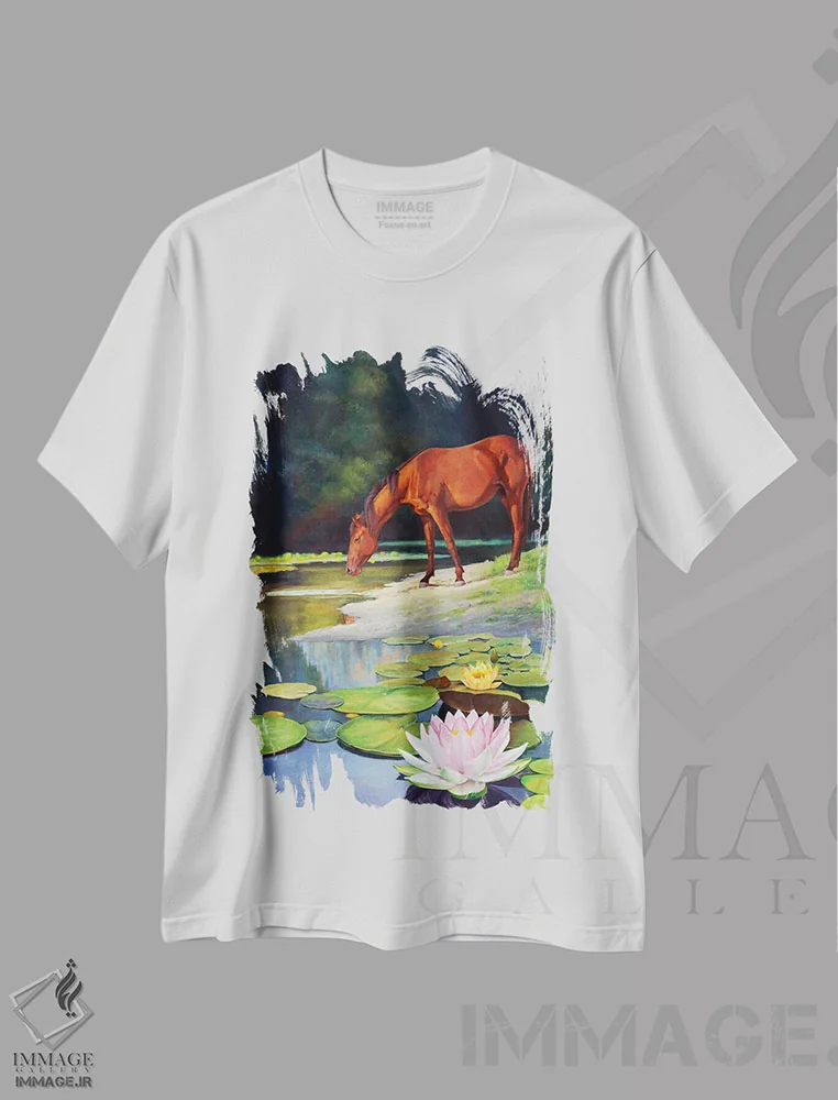 تیشرت سفید طرح دار سرزمین رؤیا - قهوه ای، هنر فاخر معاصر اثر گوئیگن ژا | فروشگاه ایماژ