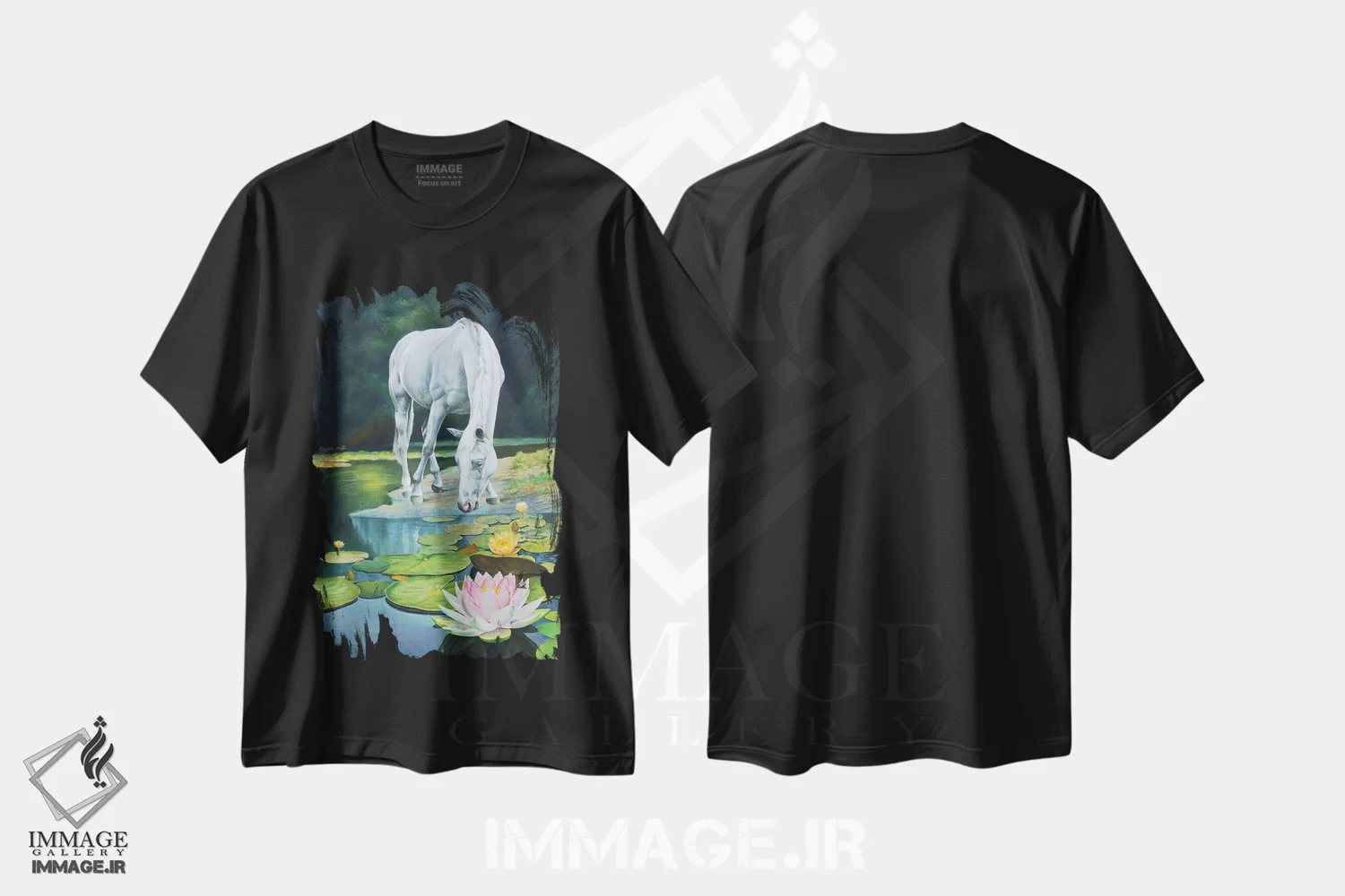 تیشرت مشکی طرح دار سرزمین رؤیا - سفید، هنر فاخر معاصر اثر گوئیگن ژا | فروشگاه ایماژ
