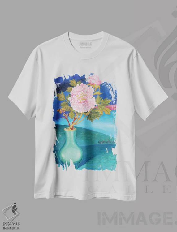 تیشرت سفید طرح دار پیونی های شبانه، هنر فاخر معاصر اثر گوئیگن ژا | فروشگاه ایماژ