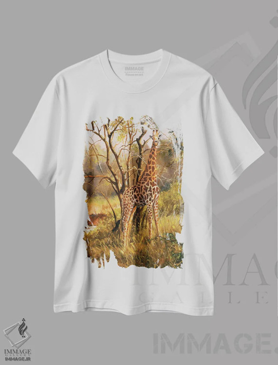 تیشرت سفید طرح دار زرافه بدون عنوان، تزئینی اثر گرانت هکینگ | فروشگاه ایماژ