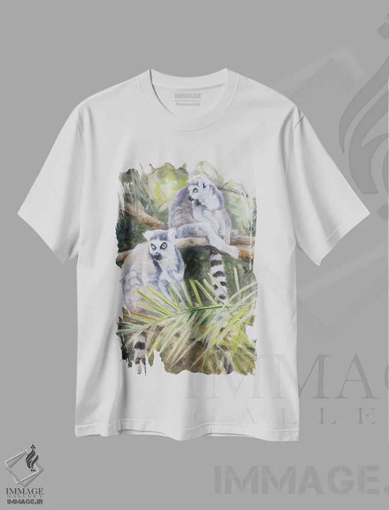 تیشرت سفید طرح دار لمور دم حلقه ای، تزئینی اثر گرانت هکینگ | فروشگاه ایماژ