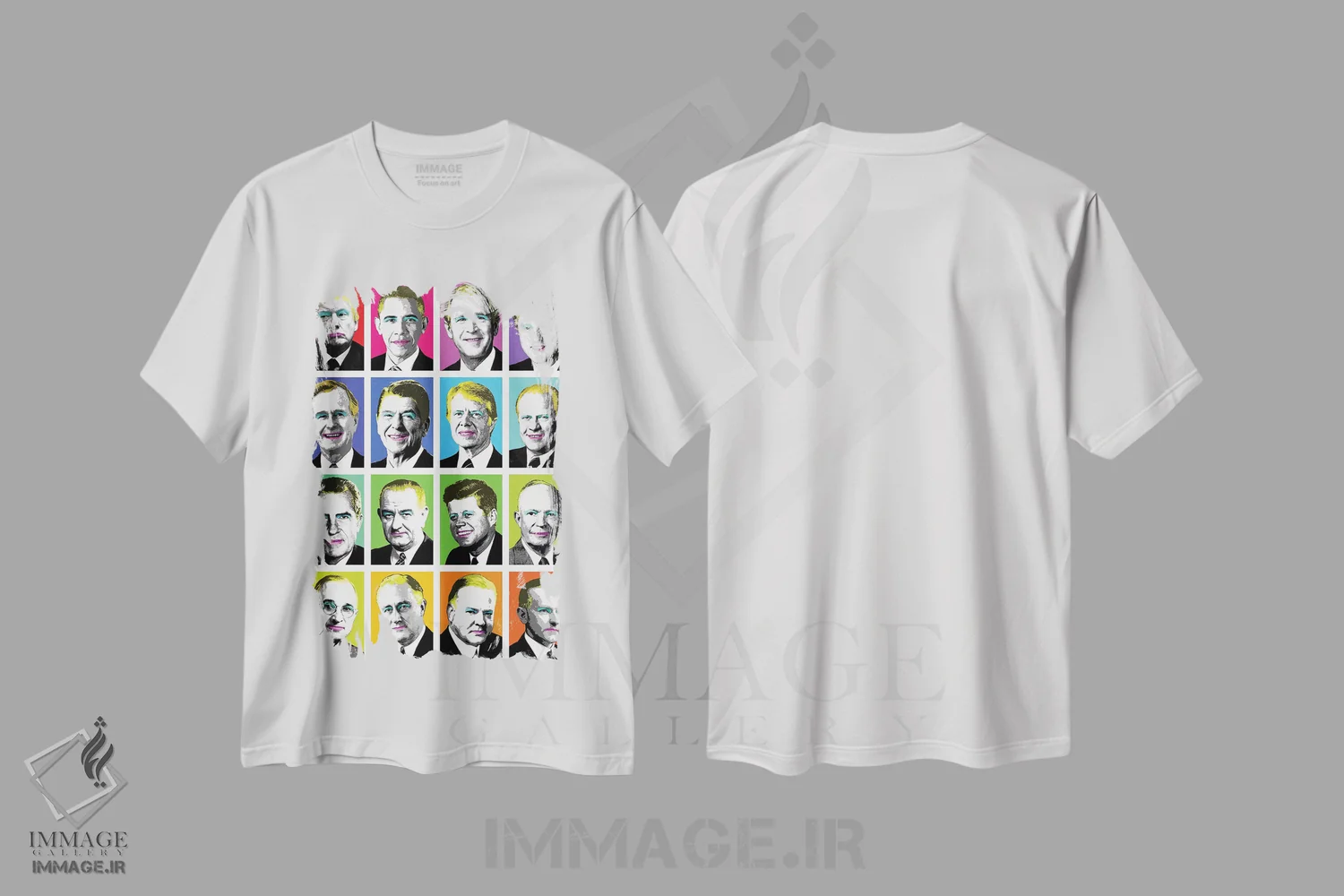 تیشرت سفید طرح دار ۱۶ رئیس جمهور، هنر فاخر معاصر اثر گری هاگبن | فروشگاه ایماژ