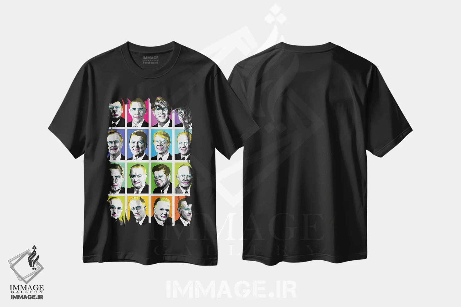تیشرت مشکی طرح دار ۱۶ رئیس جمهور، هنر فاخر معاصر اثر گری هاگبن | immage.ir