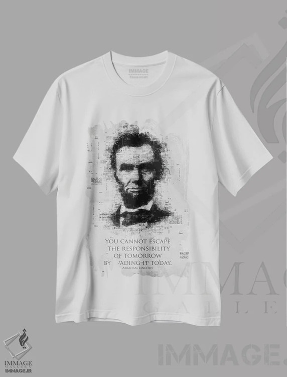 تیشرت سفید طرح دار آبراهام لینکلن، هنر تزئینی سیاه و سفید اثر گب فرناندو | فروشگاه ایماژ