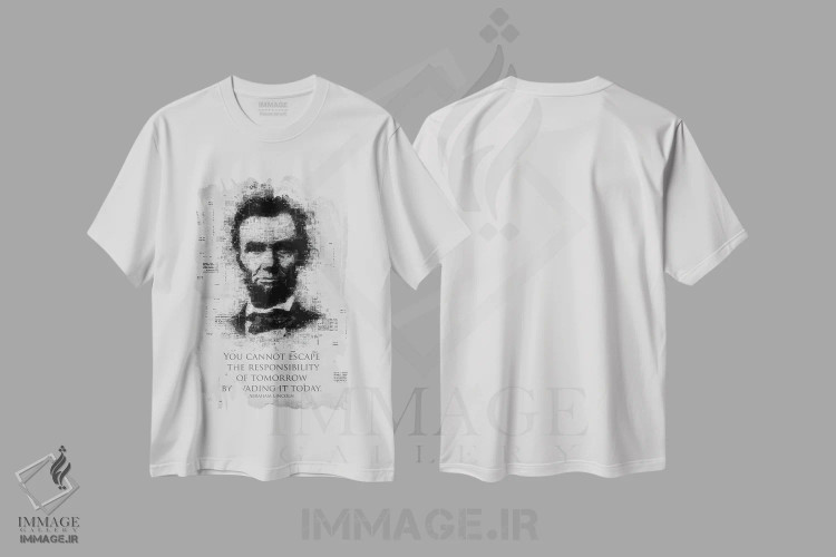 تیشرت سفید طرح دار آبراهام لینکلن، هنر تزئینی سیاه و سفید اثر گب فرناندو | فروشگاه ایماژ