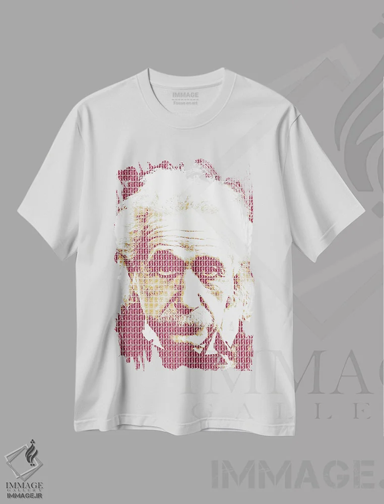 تیشرت سفید طرح دار آلبرت اینشتین زرشکی، هنر فاخر معاصر اثر گری هاگبن | immage.ir