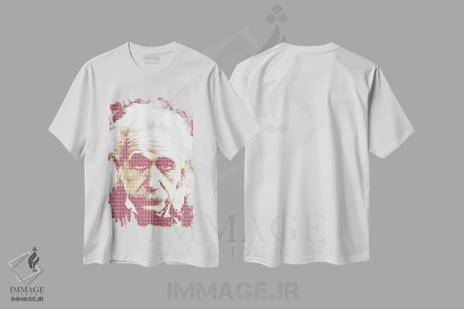 تیشرت سفید طرح دار آلبرت اینشتین زرشکی، هنر فاخر معاصر اثر گری هاگبن | immage.ir