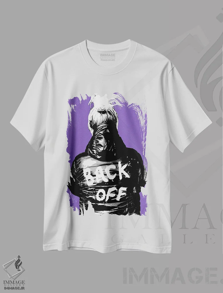 تیشرت سفید طرح دار عقب بایست!، هنر فاخر معاصر اثر گری هاگبن | فروشگاه ایماژ