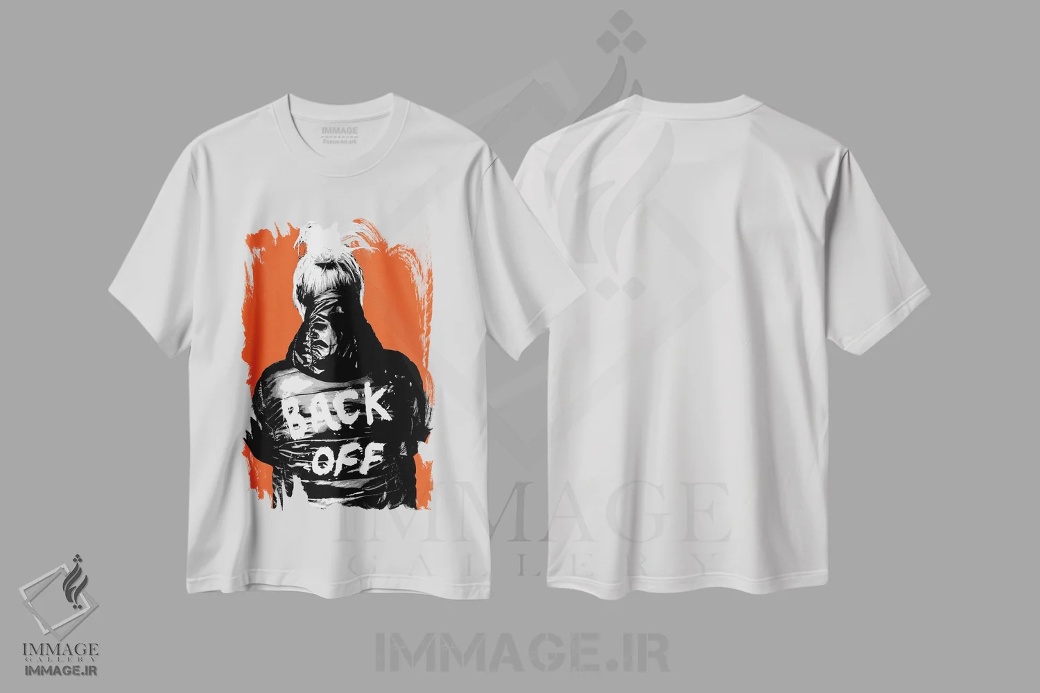 تیشرت سفید طرح دار عقب بایست!، هنر فاخر معاصر اثر گری هاگبن | فروشگاه ایماژ