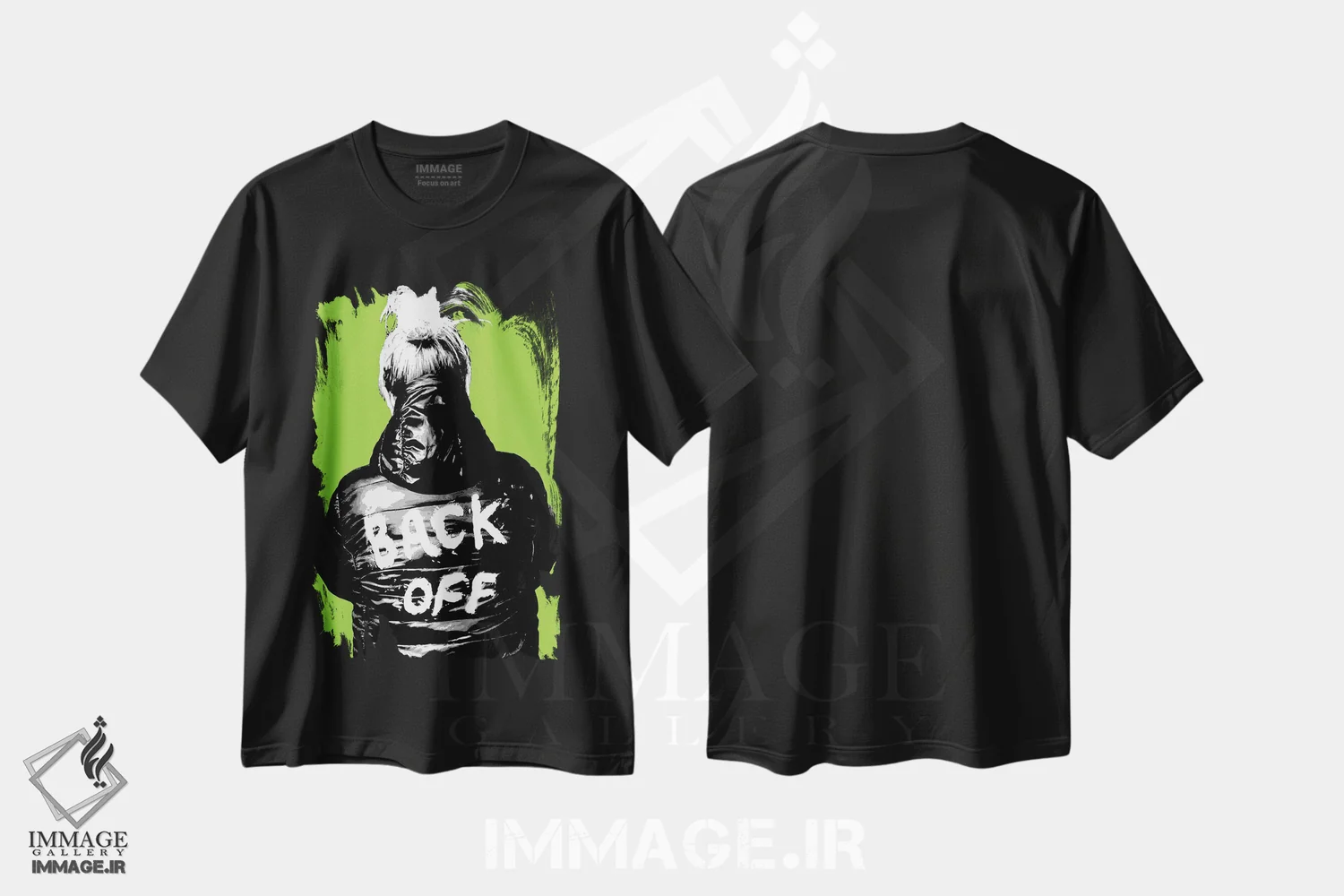تیشرت مشکی طرح دار عقب بایست!، هنر فاخر معاصر اثر گری هاگبن | فروشگاه ایماژ