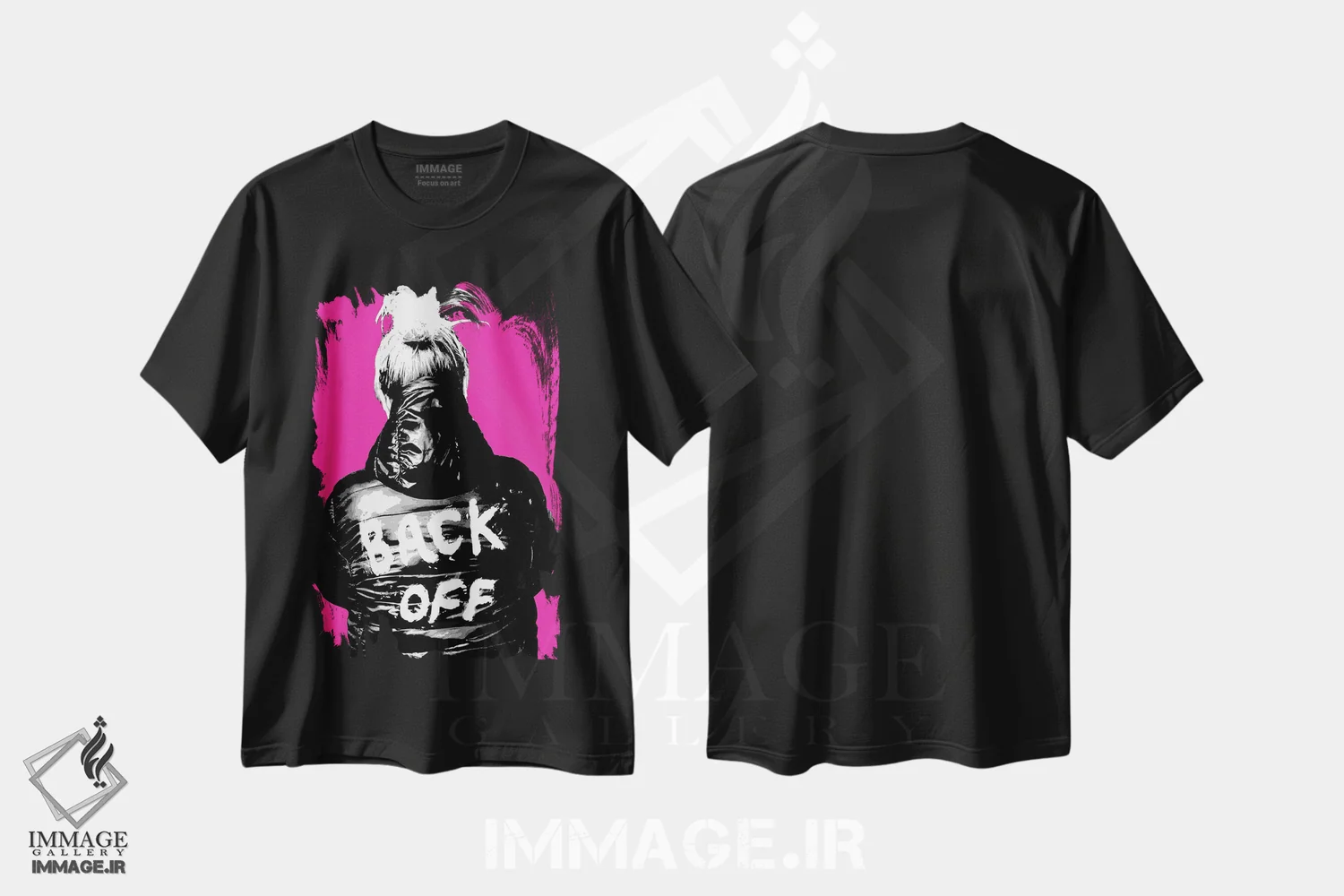 تیشرت مشکی طرح دار عقب بایست!، هنر فاخر معاصر اثر گری هاگبن | فروشگاه ایماژ