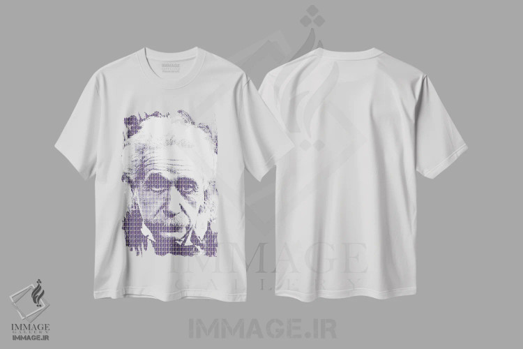 تیشرت سفید طرح دار آلبرت اینشتین بنفش، هنر فاخر معاصر اثر گری هاگبن | فروشگاه ایماژ