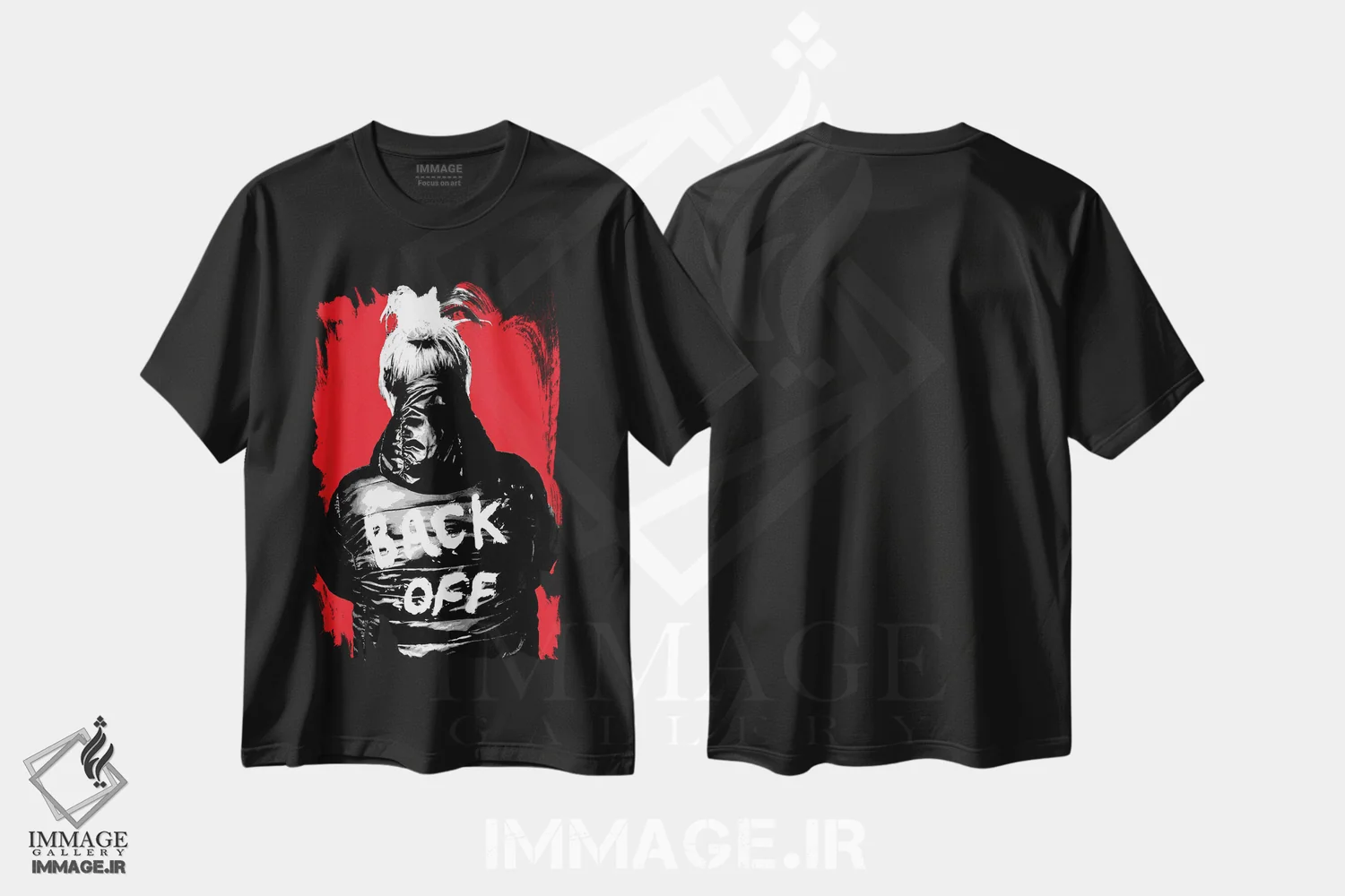 تیشرت مشکی طرح دار عقب بایست!، هنر فاخر معاصر اثر گری هاگبن | فروشگاه ایماژ