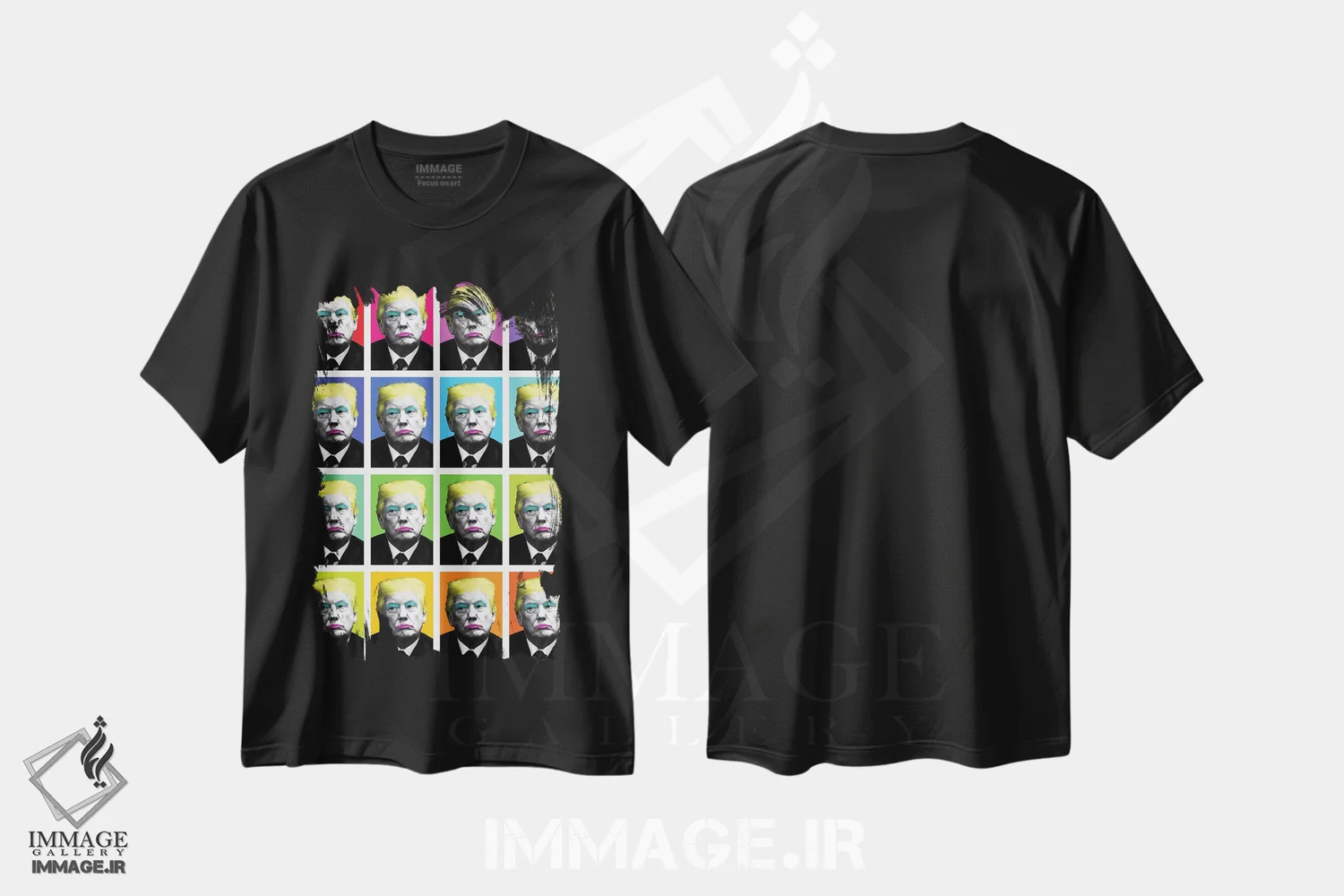 تیشرت مشکی طرح دار مرلین ترامپ در ۱۶ نسخه، هنر فاخر معاصر اثر گری هاگبن | فروشگاه ایماژ