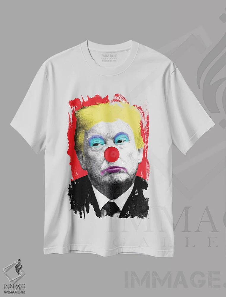 تیشرت سفید طرح دار دلقک ها را وارد کن، هنر فاخر معاصر اثر گری هاگبن | فروشگاه ایماژ