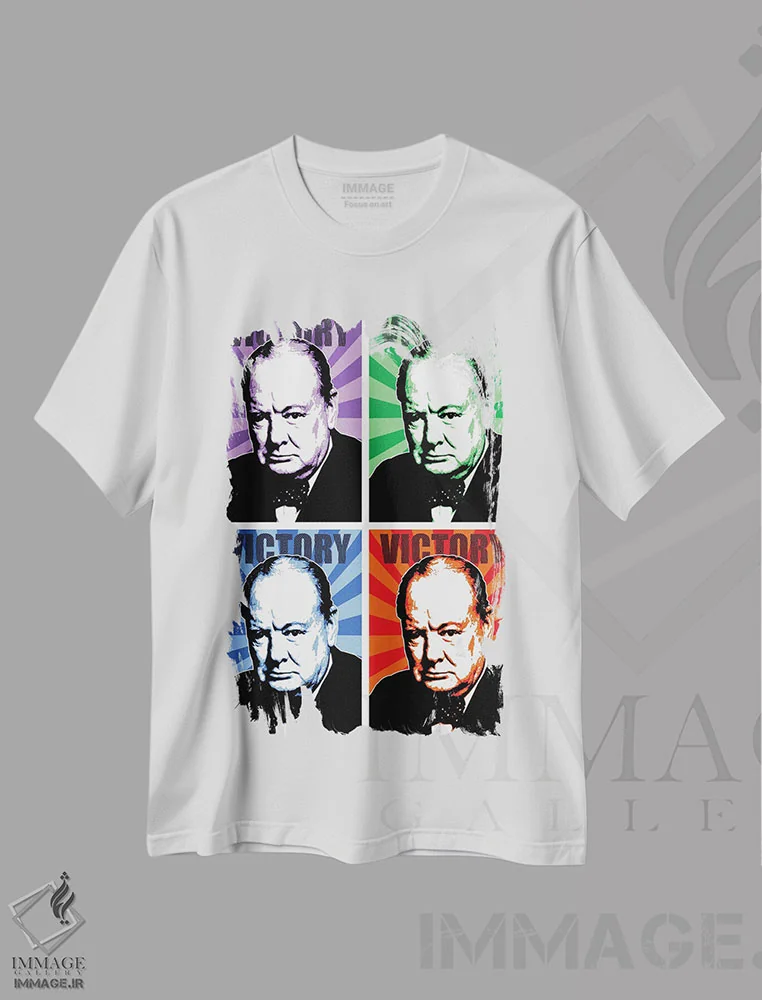 تیشرت سفید طرح دار پیروزی چرچیل چهارگانه، هنر فاخر معاصر اثر گری هاگبن | فروشگاه ایماژ