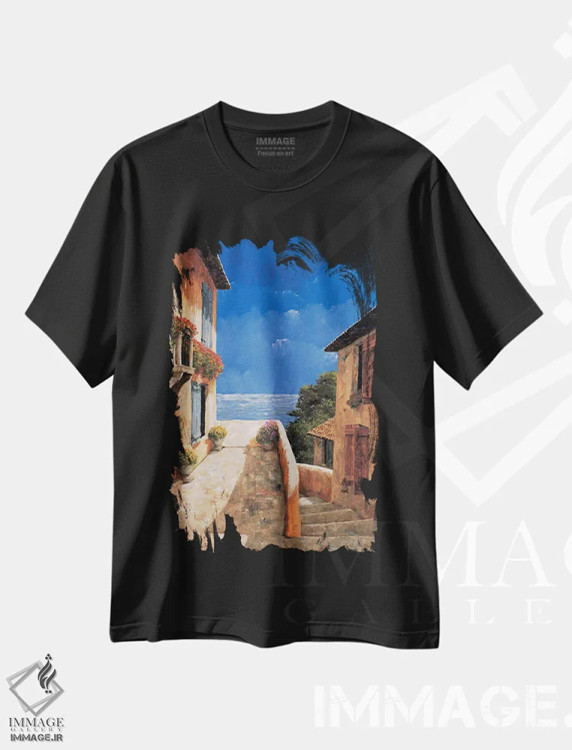 تیشرت مشکی طرح دار ویلا کنار دریا، تزئینی اثر گیل آرشامبو | فروشگاه ایماژ