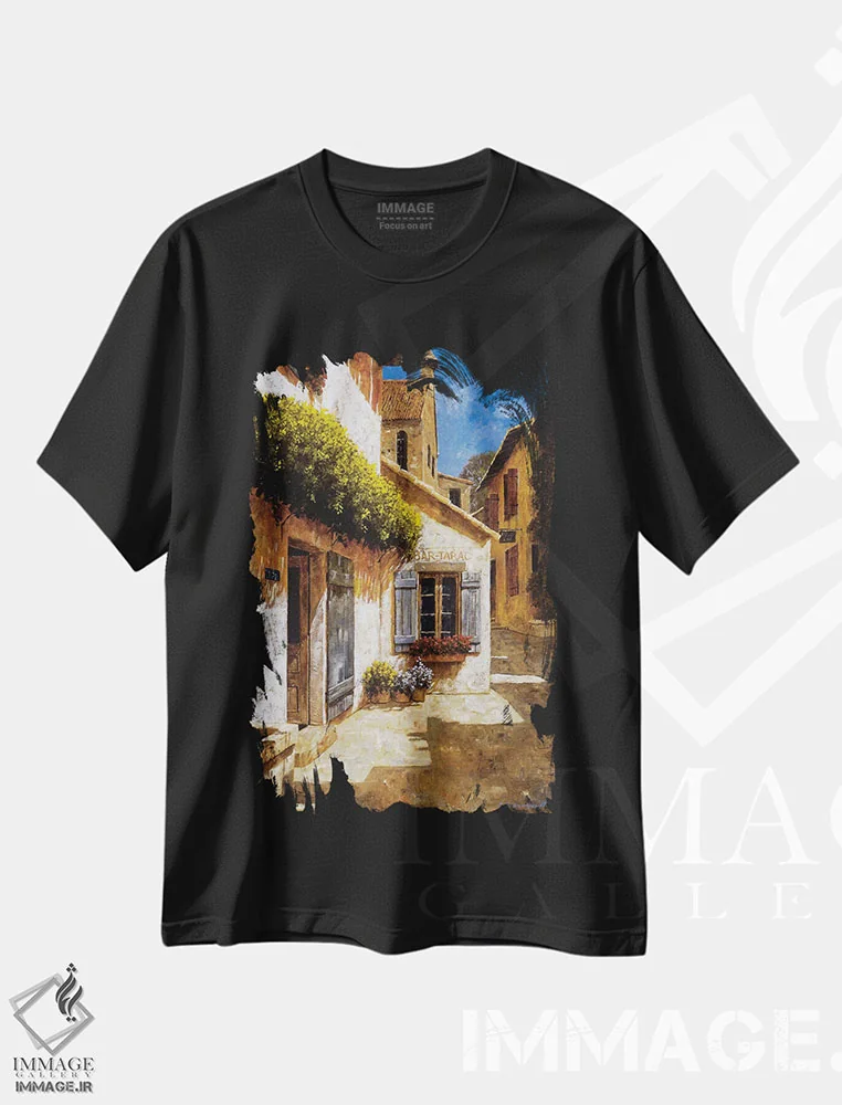 تیشرت مشکی طرح دار خوش آمدید به خانهٔ من، تزئینی اثر گیل آرشامبو | immage.ir