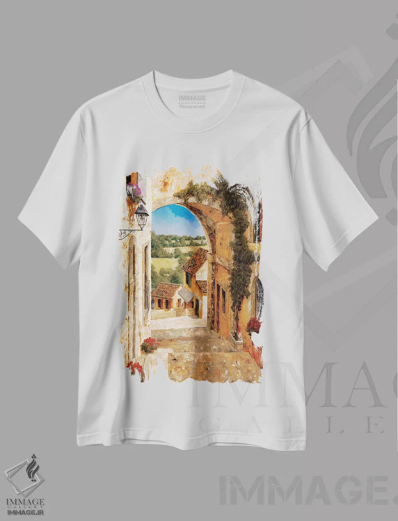 تیشرت سفید طرح دار رفتن به دهکده، تزئینی اثر گیل آرشامبو | فروشگاه ایماژ