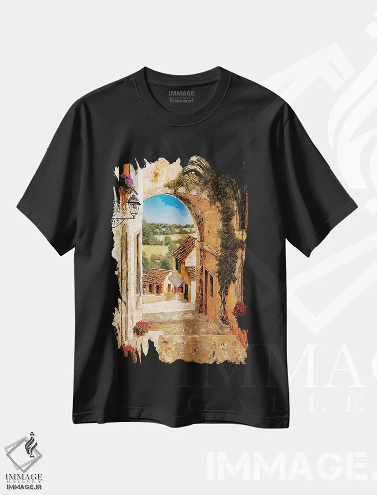 تیشرت مشکی طرح دار رفتن به دهکده، تزئینی اثر گیل آرشامبو | immage.ir