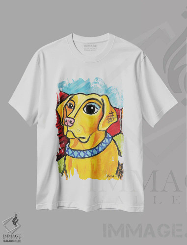 تیشرت سفید طرح دار لبرادور زرد پیکاسو، هنر فاخر معاصر اثر گرچن کیش سرانو | فروشگاه ایماژ