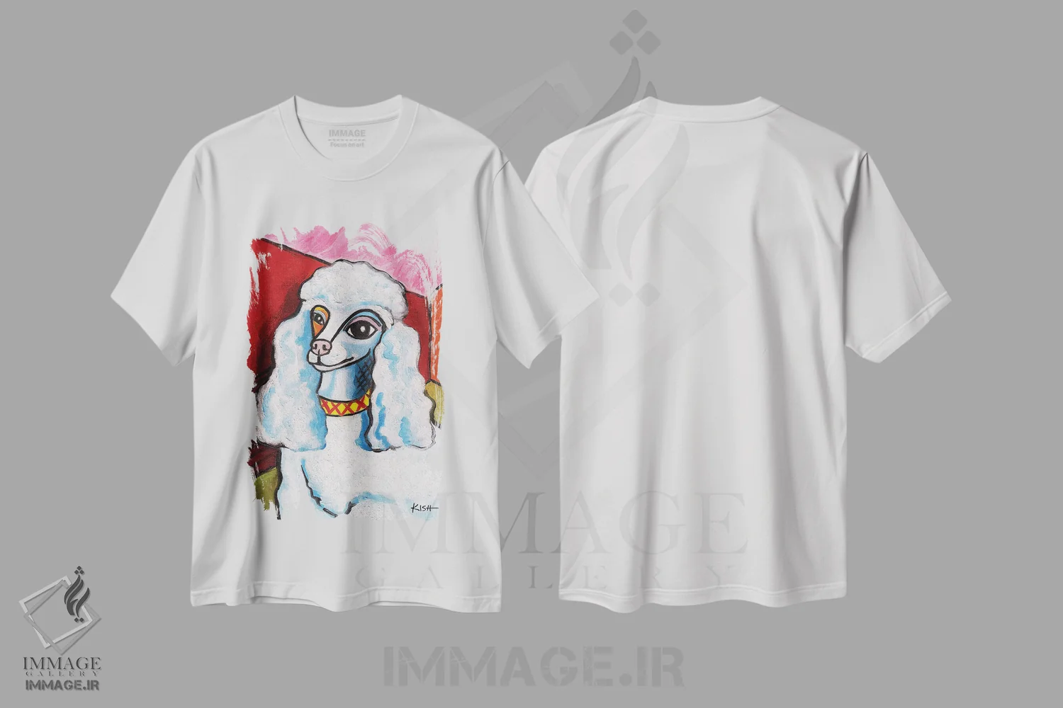 تیشرت سفید طرح دار پودل پیکاسو، هنر فاخر معاصر اثر گرچن کیش سرانو | فروشگاه ایماژ