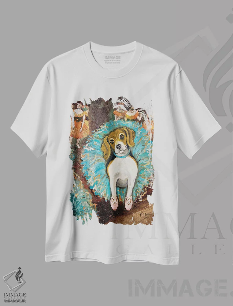 تیشرت سفید طرح دار بیگل رقاص، هنر فاخر معاصر اثر گرچن کیش سرانو | immage.ir