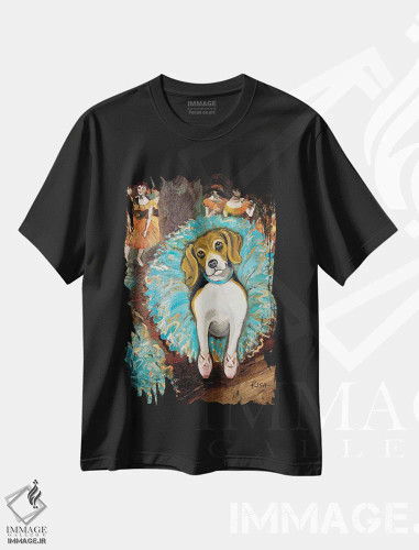 تیشرت مشکی طرح دار بیگل رقاص، هنر فاخر معاصر اثر گرچن کیش سرانو | فروشگاه ایماژ