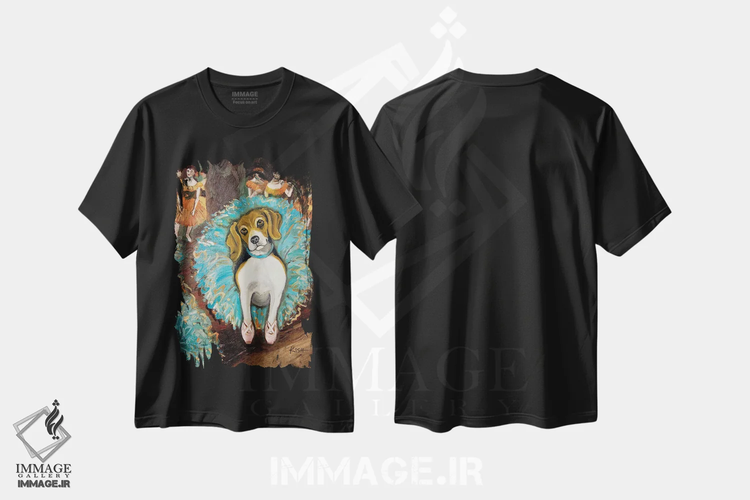 تیشرت مشکی طرح دار بیگل رقاص، هنر فاخر معاصر اثر گرچن کیش سرانو | فروشگاه ایماژ
