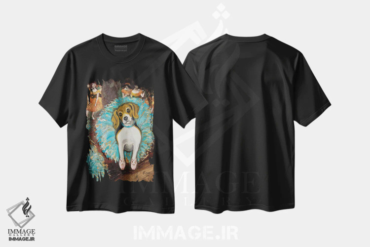 تیشرت مشکی طرح دار بیگل رقاص، هنر فاخر معاصر اثر گرچن کیش سرانو | فروشگاه ایماژ
