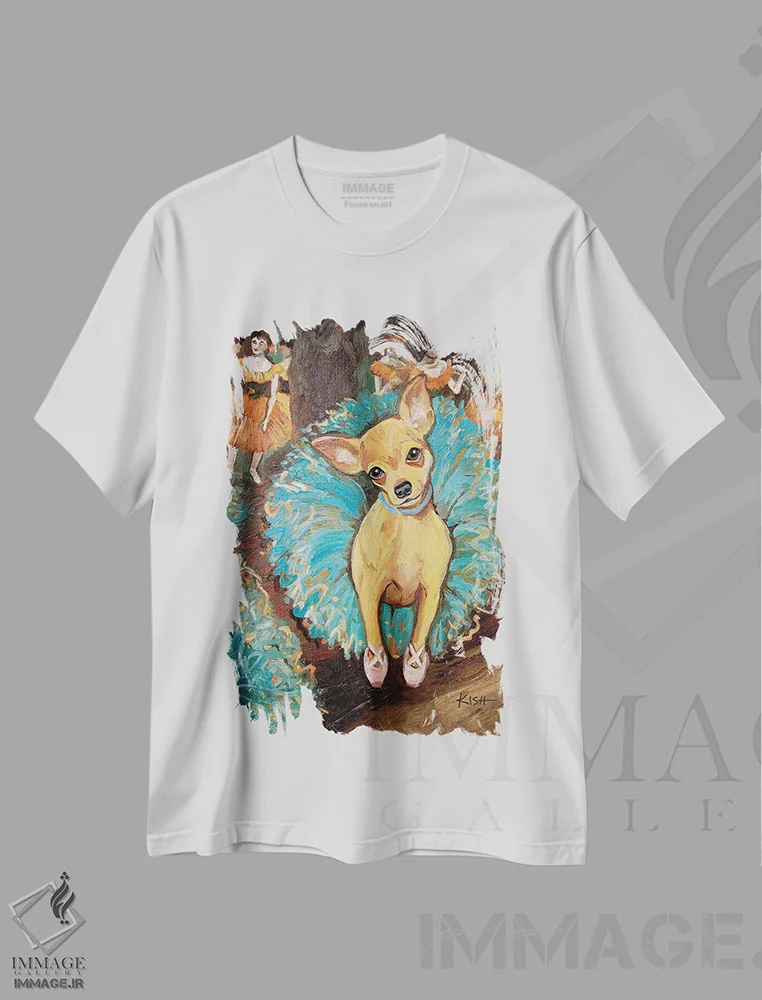 تیشرت سفید طرح دار چی واوا رقاص، هنر فاخر معاصر اثر گرچن کیش سرانو | فروشگاه ایماژ