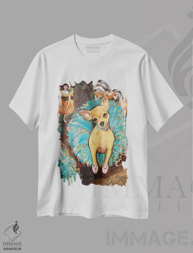 تیشرت سفید طرح دار چی واوا رقاص، هنر فاخر معاصر اثر گرچن کیش سرانو | فروشگاه ایماژ