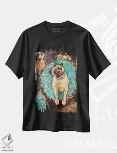 تیشرت مشکی طرح دار پاگ رقاص، هنر فاخر معاصر اثر گرچن کیش سرانو | فروشگاه ایماژ