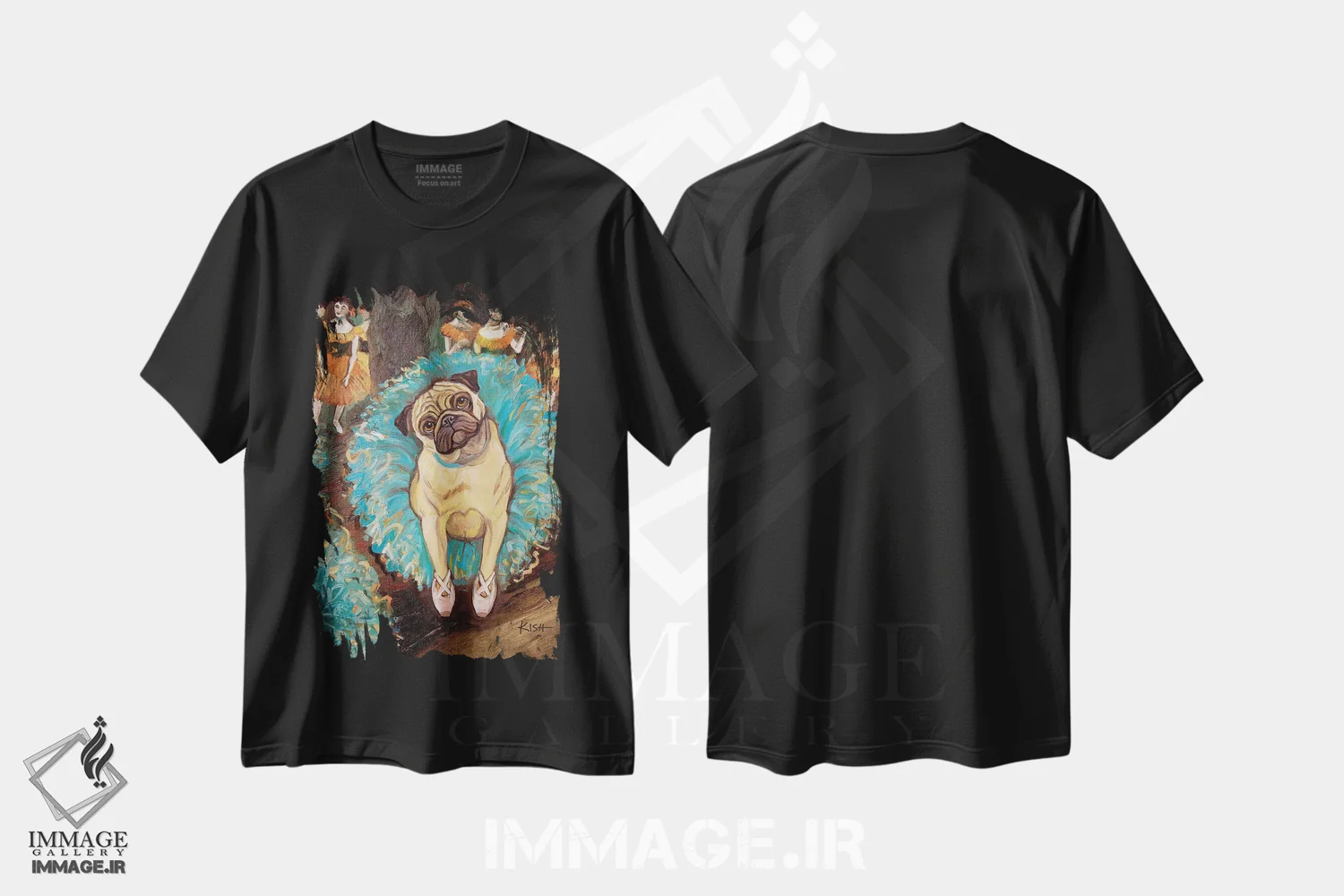 تیشرت مشکی طرح دار پاگ رقاص، هنر فاخر معاصر اثر گرچن کیش سرانو | فروشگاه ایماژ