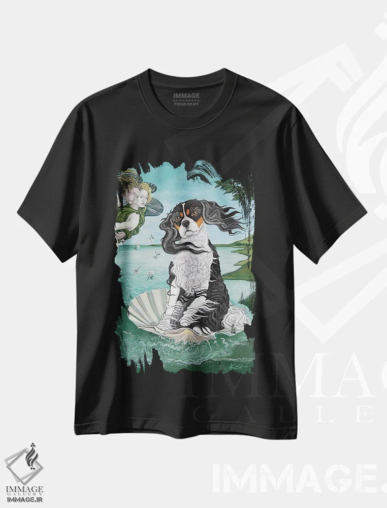 تیشرت مشکی طرح دار تولد کاوالیر کینگ چارلز اول، هنر فاخر معاصر اثر گرچن کیش سرانو | فروشگاه ایماژ
