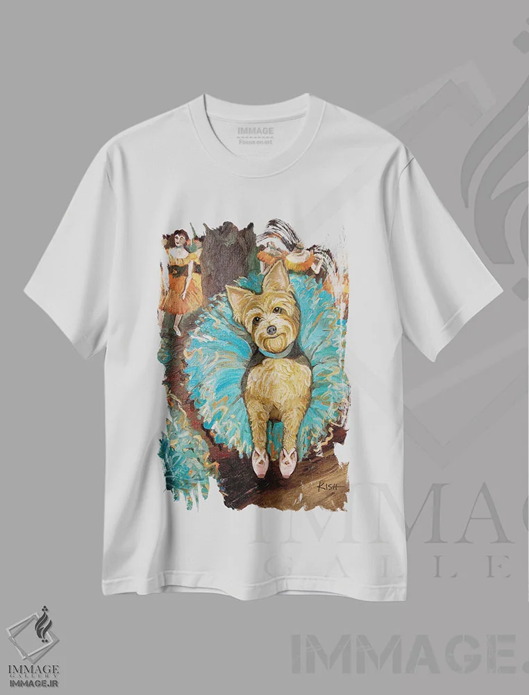 تیشرت سفید طرح دار یورکی رقاص، هنر فاخر معاصر اثر گرچن کیش سرانو | فروشگاه ایماژ
