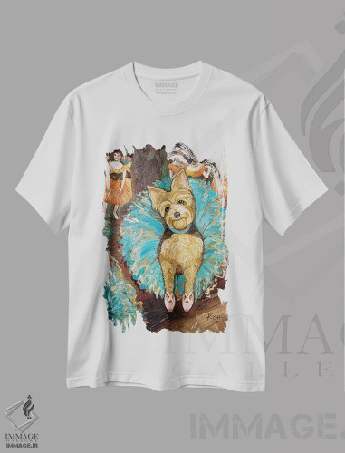 تیشرت سفید طرح دار یورکی رقاص، هنر فاخر معاصر اثر گرچن کیش سرانو | فروشگاه ایماژ