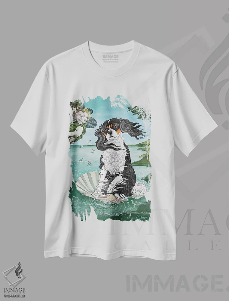 تیشرت سفید طرح دار تولد کاوالیر کینگ چارلز اول، هنر فاخر معاصر اثر گرچن کیش سرانو | immage.ir
