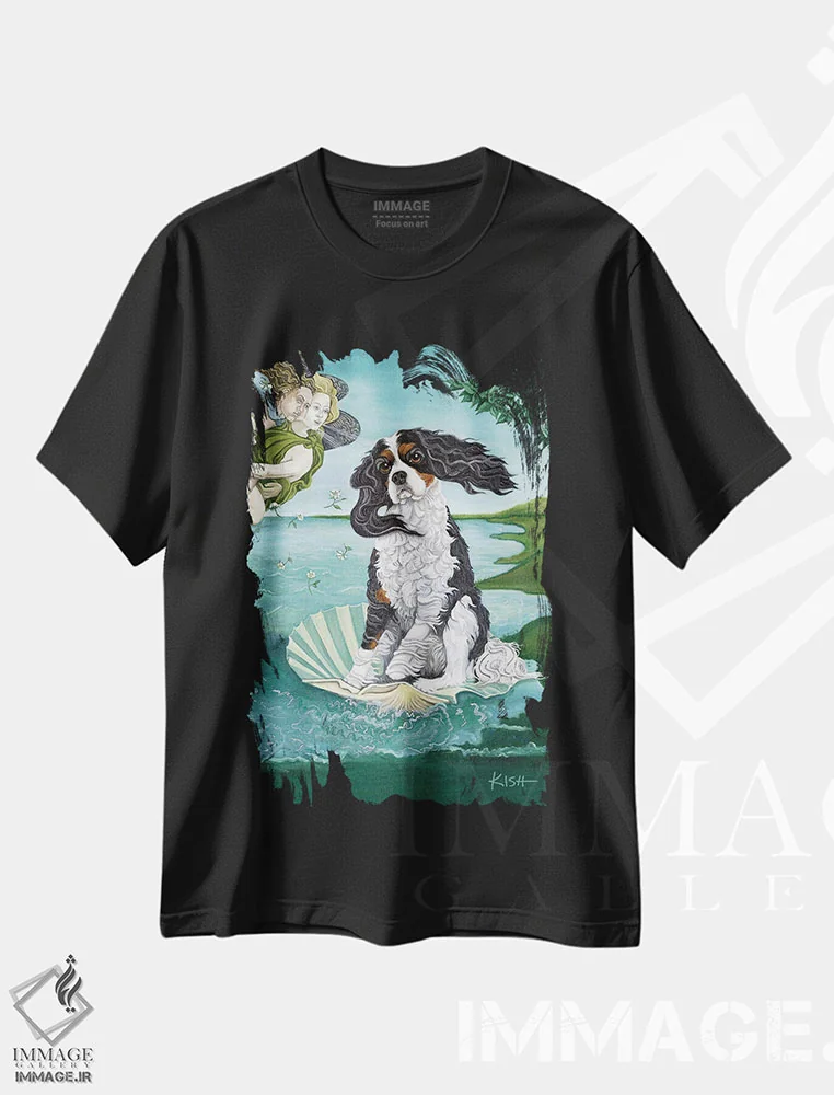 تیشرت مشکی طرح دار تولد کاوالیر کینگ چارلز دوم، هنر فاخر معاصر اثر گرچن کیش سرانو | immage.ir