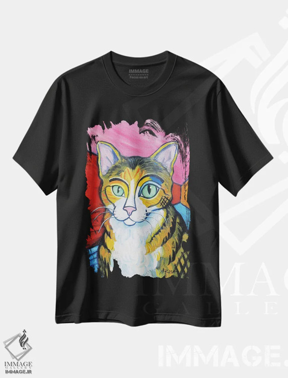 تیشرت مشکی طرح دار گربه تبی پیکاسو، هنر فاخر معاصر اثر گرچن کیش سرانو | فروشگاه ایماژ