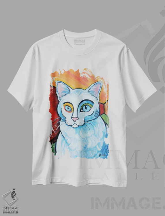 تیشرت سفید طرح دار گربه سفید پیکاسو، هنر فاخر معاصر اثر گرچن کیش سرانو | فروشگاه ایماژ