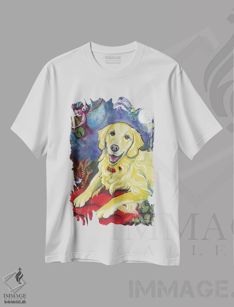 تیشرت سفید طرح دار خواب طلایی گلدن رتریور، هنر فاخر معاصر اثر گرچن کیش سرانو | فروشگاه ایماژ