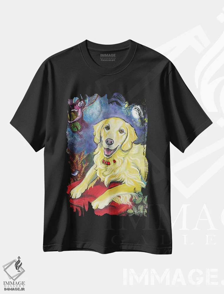 تیشرت مشکی طرح دار خواب طلایی گلدن رتریور، هنر فاخر معاصر اثر گرچن کیش سرانو | immage.ir